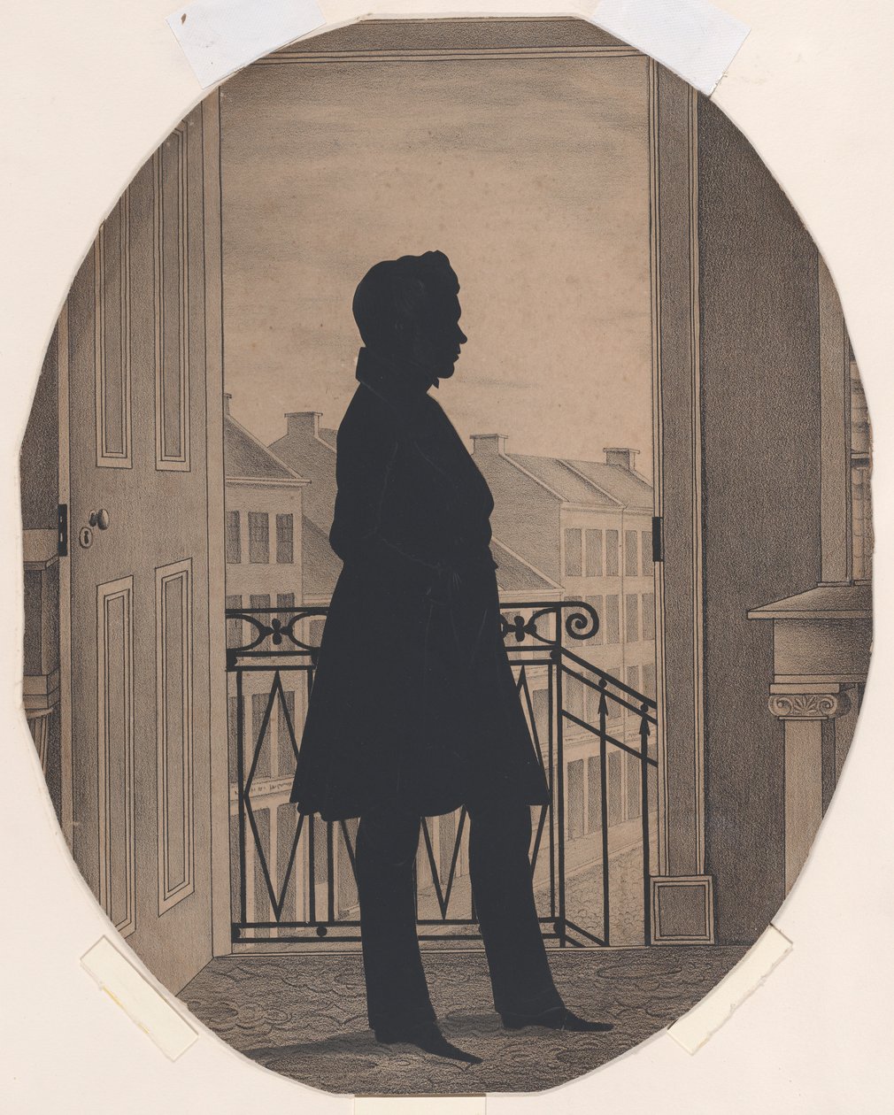 Nuoren miehen siluetti avoimen ikkunan edessä, oikealle päin, ennen vuotta 1860. tekijältä William Henry Brown