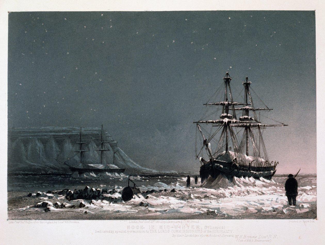 Keskipäivällä: Keskitalvella, Port Leopold, elokuvasta "Kymmenen värillistä näkymää hänen majesteettinsa laivojen Enterprise and Investigatorin arktisen retkikunnan aikana kapteeni Sir James C. Rossin komennossa", engra tekijältä William Henry Browne