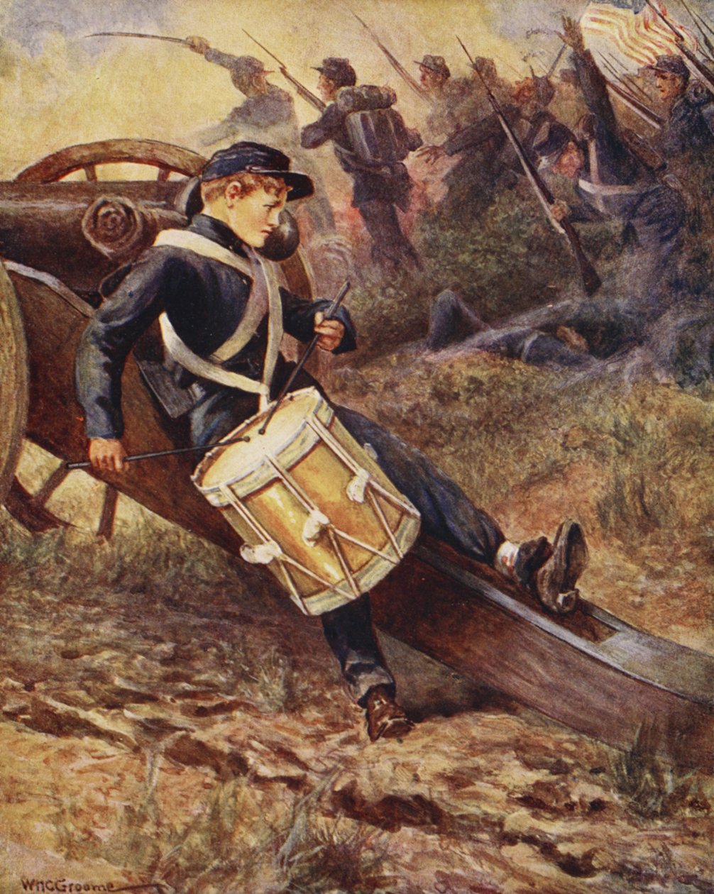 Hän ryömi tykin taakse ja kasvoi kalpeammaksi, julkaisusta Ballads of Famous Fights, ensimmäinen painos, 1920 tekijältä William Henry Charles Groome