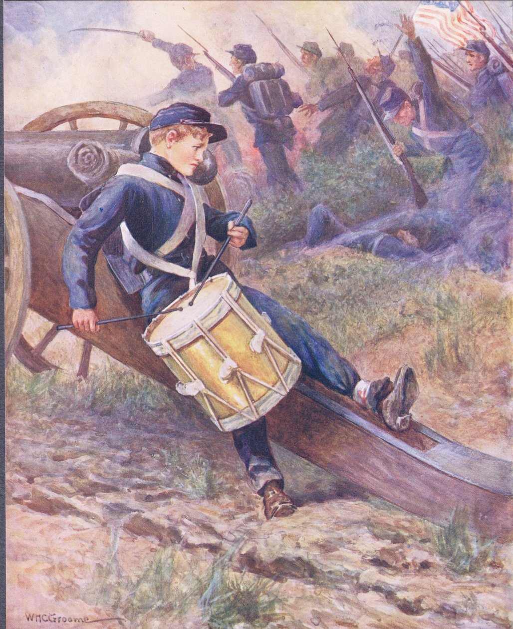 Hän ryömi tykin taakse ja kalpeutui ja kalpeutui, kuva julkaisusta "Ballads of Famous Fights" n. 1900 tekijältä William Henry Charles Groome