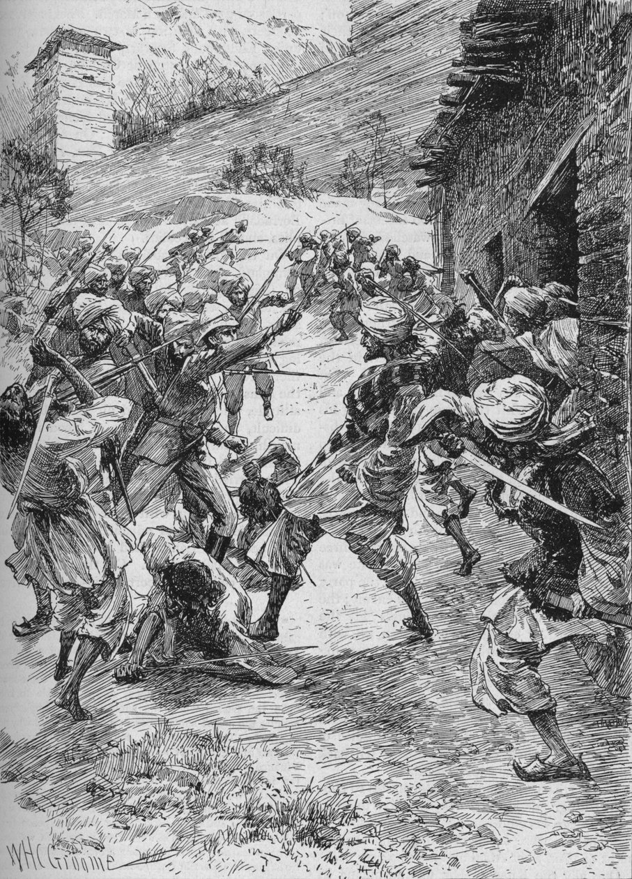 Luutnantti Harley neljänkymmenen sikhin ja kuudenkymmenen kashmirilaisen johdossa ryntäsi talon yli suuhun tekijältä William Henry Charles Groome