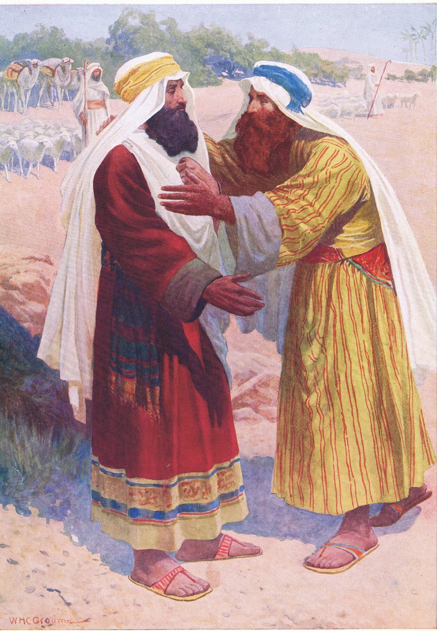 Jaakobin ja Eesau tapaaminen, Thomas Nelsonin julkaisemasta Raamatun kuvakirjasta (The Bible Picture Book), n. 1950. tekijältä William Henry Charles Groome