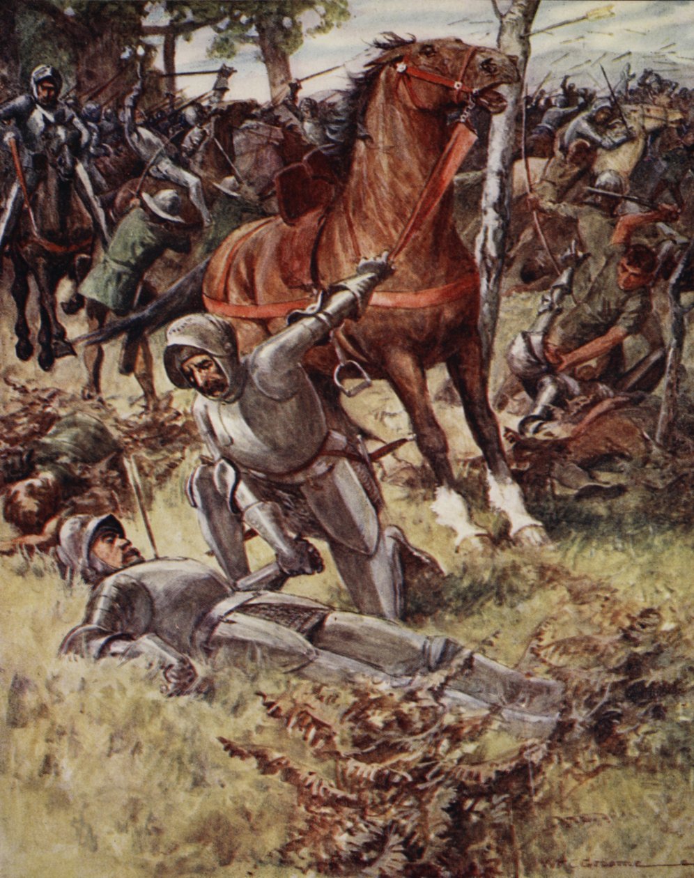 Sitten erottuaan elämästä Earl Percy otti kuolleen miehen kädestä, elokuvasta Ballads of Famous Fights, ensimmäinen painos, 1920 tekijältä William Henry Charles Groome