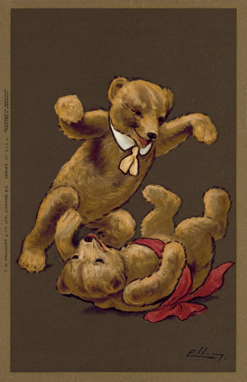 Tyttö- ja poikanallet leikkivät (värilitografia). tekijältä William Henry Ellam