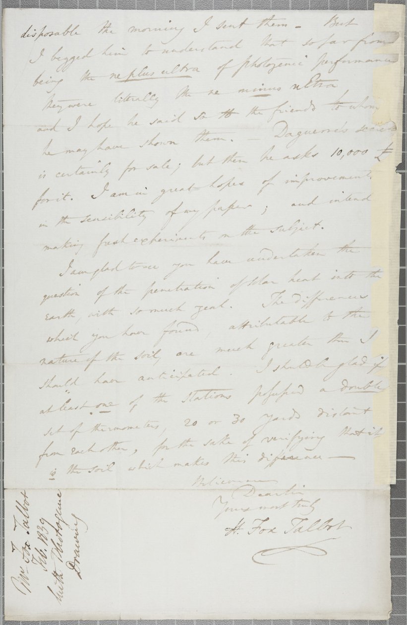 William Henry Fox Talbotin allekirjoitettu kirje James David Forbesille, 1839 tekijältä William Henry Fox Talbot