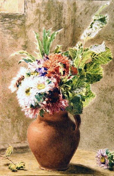 A Pot of Asters, n. 1840 (akvarelli, vartaloväri ja kynä paperille) tekijältä William Henry Hunt