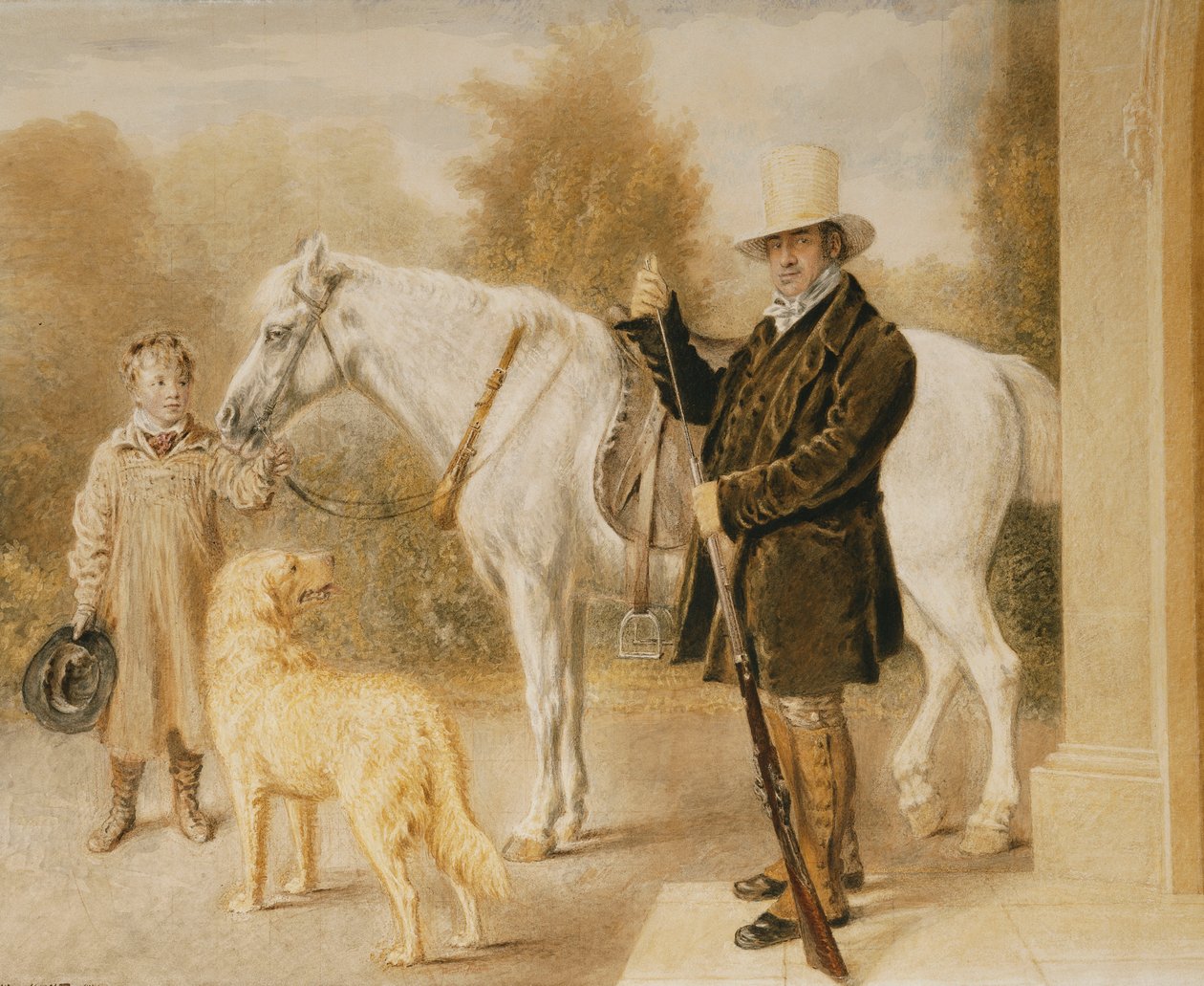 Urheilija pojan, ponin ja koiran kanssa, 1827 tekijältä William Henry Hunt