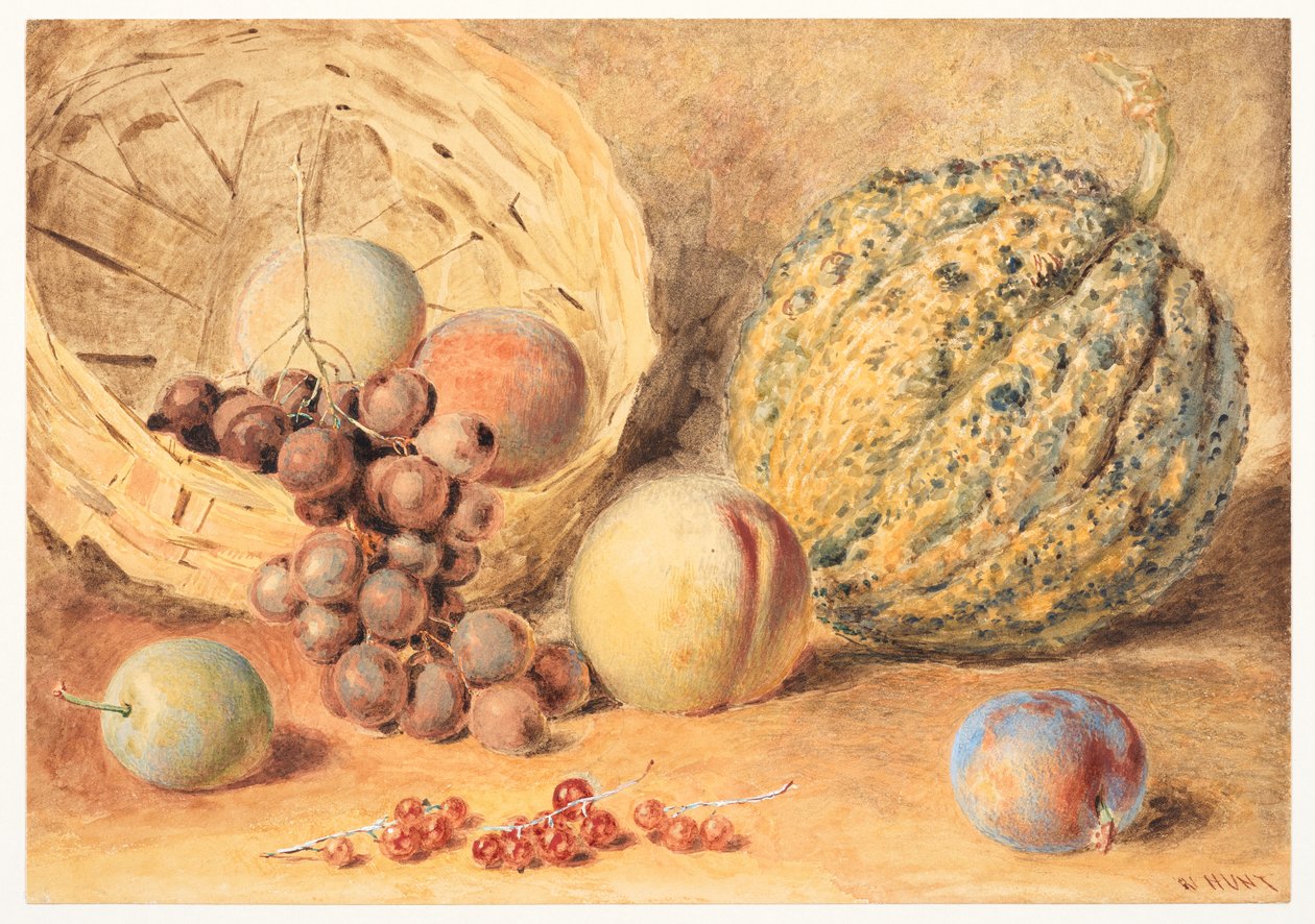 Kori melonia, persikoita, viinirypäleitä ja luumuja, n. 1804 (grafiitti, vesiväri, johon on lisätty arabikumia, vartaloväri ja raapiminen kudottupaperille) tekijältä William Henry Hunt