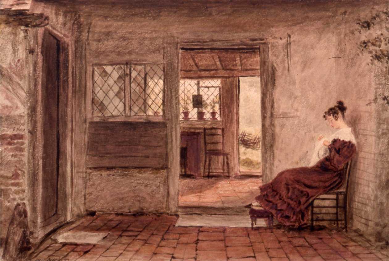 Mökin sisustus tyttöompelua, n.1828 (akvarelli paperille) tekijältä William Henry Hunt