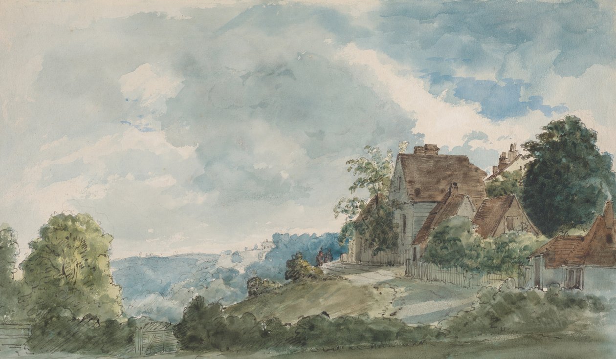 Mökkejä laajassa maisemassa, 1820-luvun lopulla. tekijältä William Henry Hunt