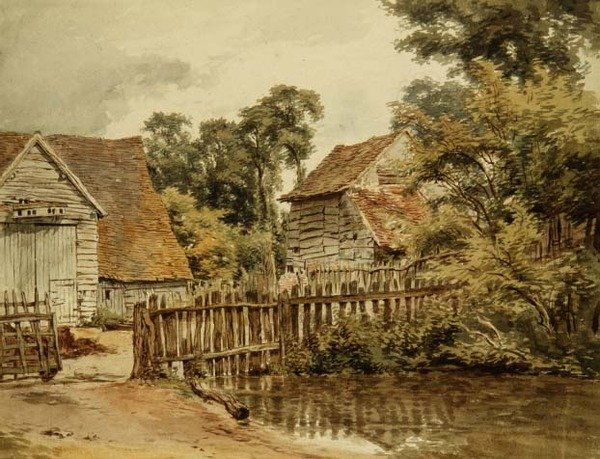 Maatilan piha ja lampi (vesiväri paperille) tekijältä William Henry Hunt