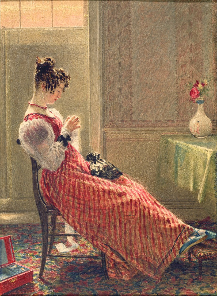 Lady Sewing, n. 1830 (akvarelli paperille) tekijältä William Henry Hunt