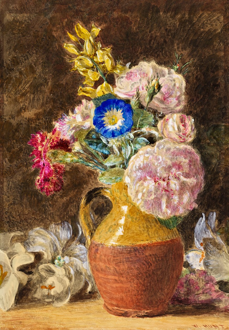 Sekakukkia ruskeassa ja kellanruskeassa kannussa, n. 1860 tekijältä William Henry Hunt