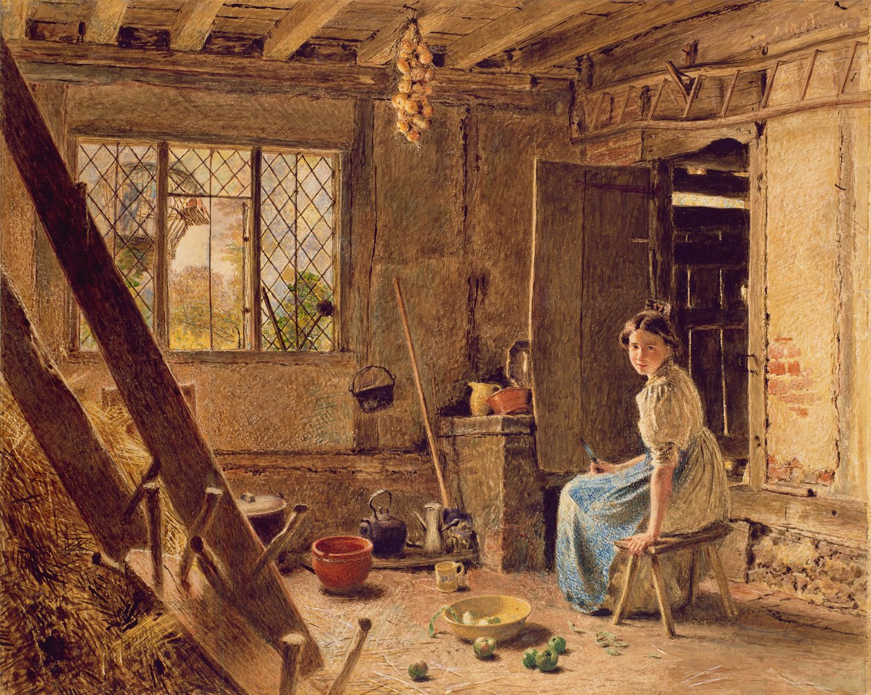The Maid and the Harpie, A Cottage Interior at Shillington, Bedfordshire, 1834 (wc korostettu valkoisella paperilla). tekijältä William Henry Hunt