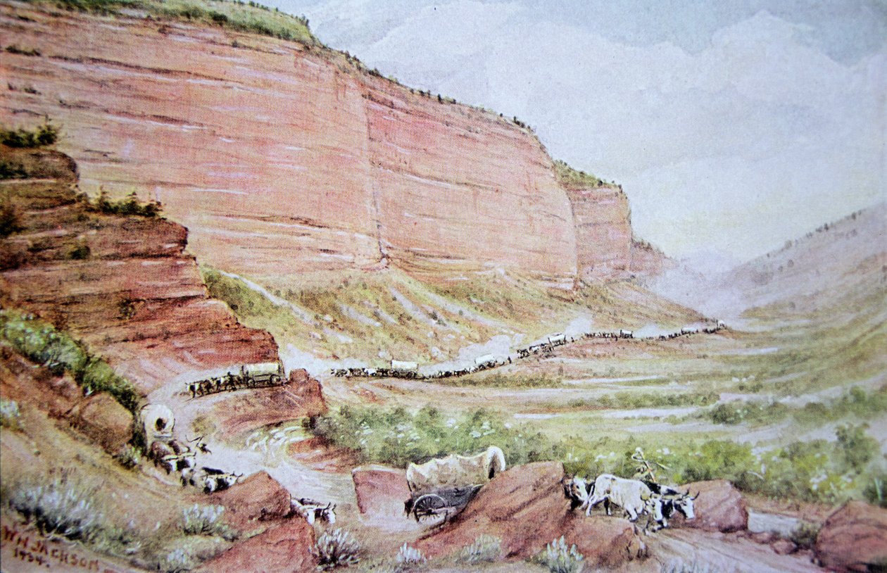 Mormonivaunujuna kulkee Echo Canyonin läpi Salt Lake Cityn itäpuolella, Utahissa (väri litho) tekijältä William Henry Jackson