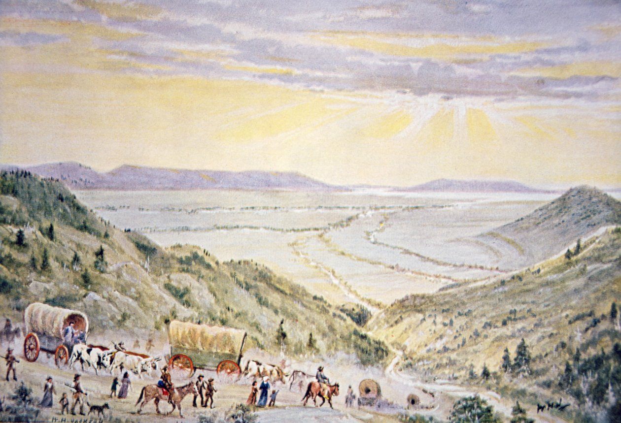 Mormonit laskeutuvat Little Mountainilta Salt Lake Cityyn, Utahiin (värilitho) tekijältä William Henry Jackson