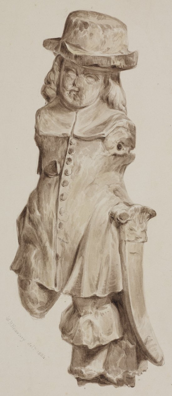 Kaiverrettu tammihahmo, aikoinaan Boars Head Tavernin paikalle rakennetun talon ovessa, Eastcheap, 1834 (pesu paperille) tekijältä William Henry Kearney