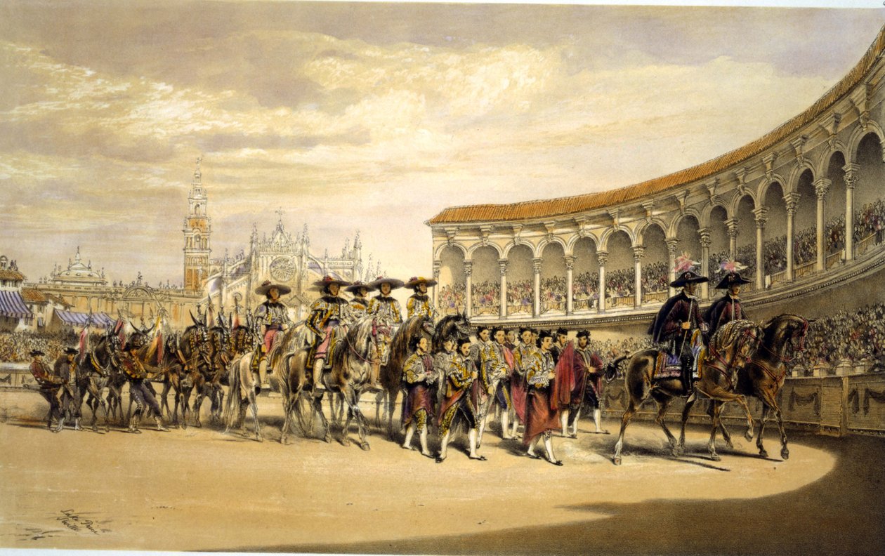 Torerojen sisääntulo kulkueessa. Lake Price (c1810-1896) englantilainen taiteilija. Härkätaistelijat käsittelyssä stadionilla Sevillassa, Espanjassa. Corrida Matadorin perinneasu, Blood Sport Spectacle tekijältä William Henry Lake Price