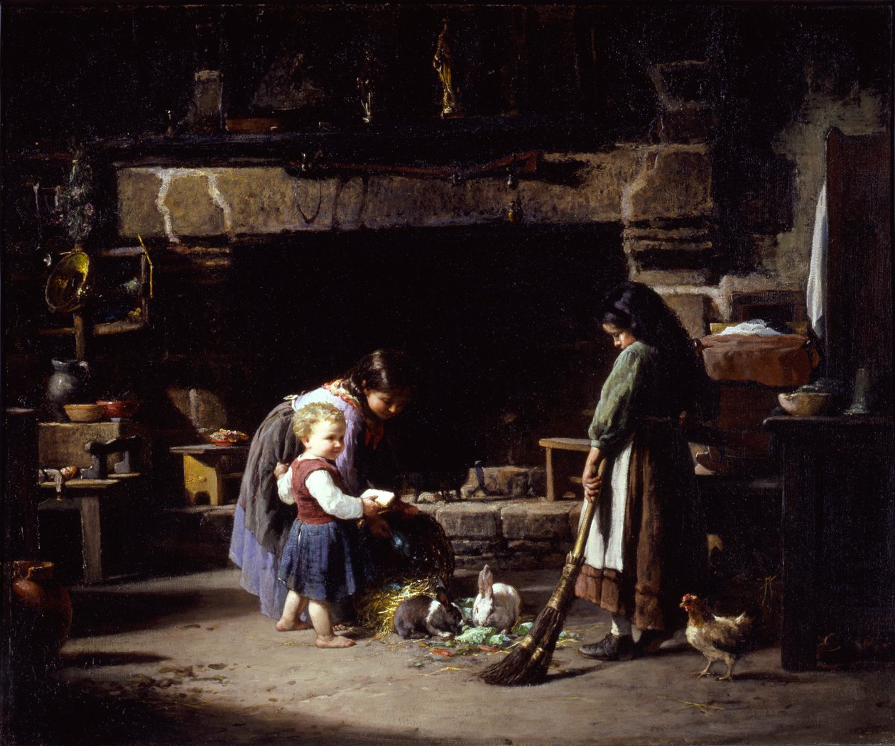 Maatilan sisustus: Bretonilapsia ruokkimassa kaneja, 1878. tekijältä William Henry Lippincott