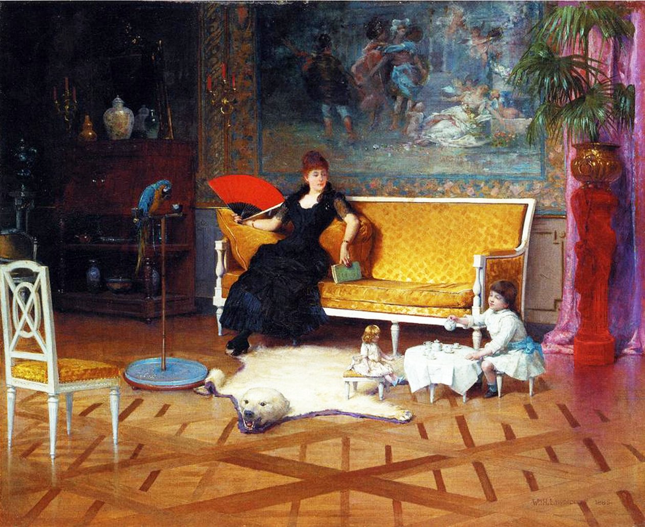 The Dolls Tea Time, 1885 öljy paneelille tekijältä William Henry Lippincott