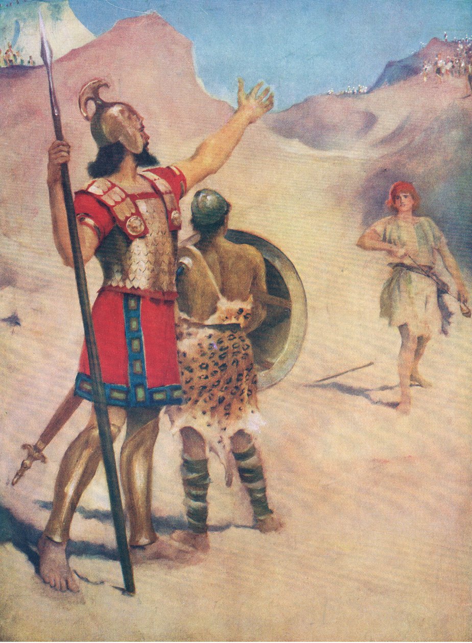 Daavid ja Goljat, Thomas Nelsonin julkaisemasta Raamatun kuvakirjasta (The Bible Picture Book), n. 1950. tekijältä William Henry Margetson