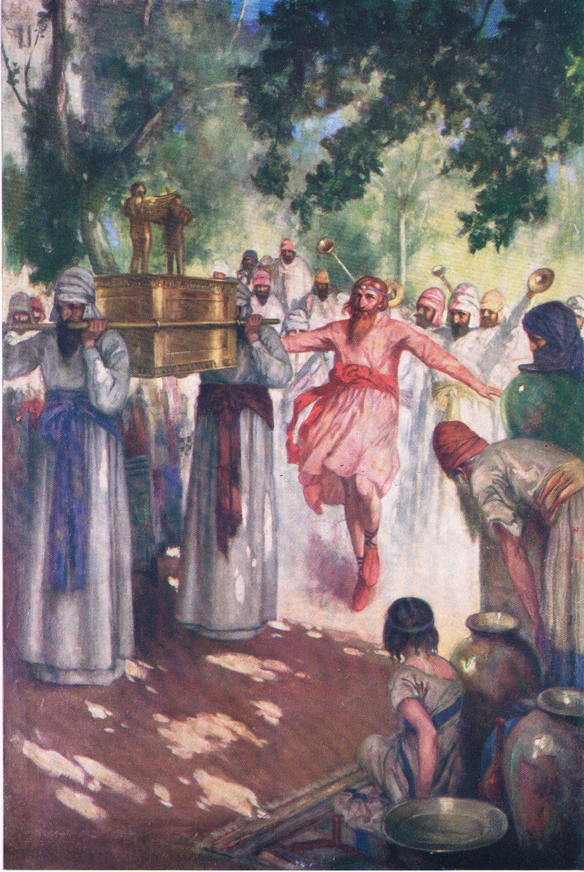 Daavid tuo arkin Jerusalemiin Thomas Nelsonin julkaisemasta Raamatun kuvakirjasta, n. 1950 tekijältä William Henry Margetson