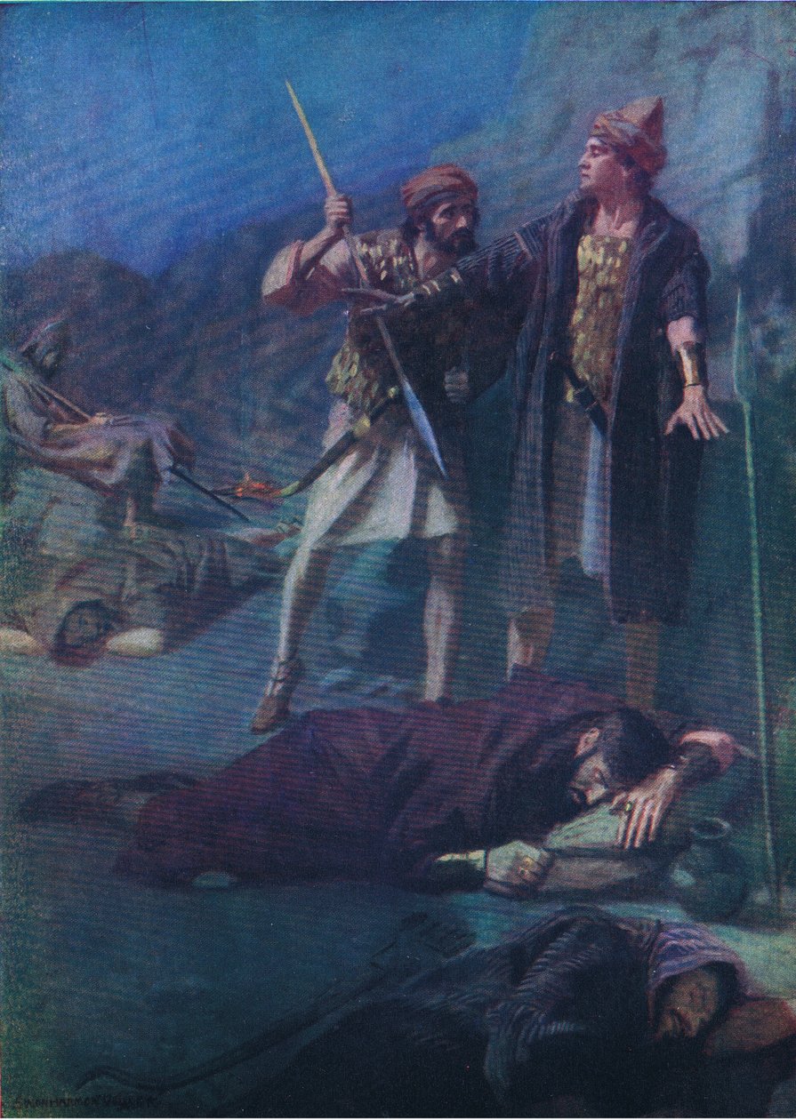 Daavid säästää Saulin, Thomas Nelsonin julkaisemasta Raamatun kuvakirjasta The Bible Picture Book, n. 1950. tekijältä William Henry Margetson