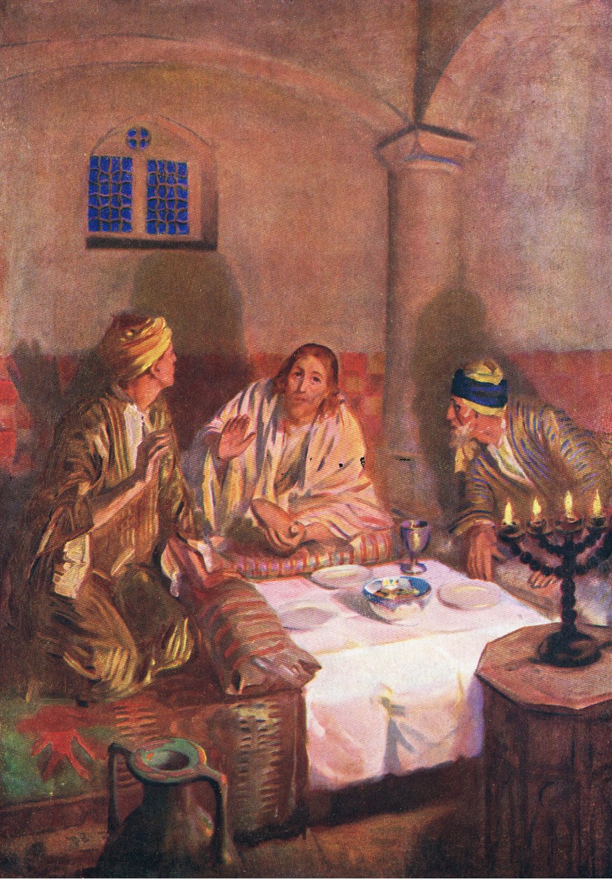 Ilta Emmauksessa, Thomas Nelsonin julkaisemasta Raamatun kuvakirjasta (The Bible Picture Book), n. 1950. tekijältä William Henry Margetson