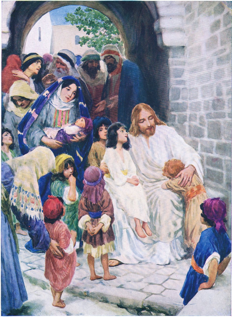 Jeesus ja lapset, Thomas Nelsonin julkaisemasta Raamatun kuvakirjasta, n. 1950 tekijältä William Henry Margetson