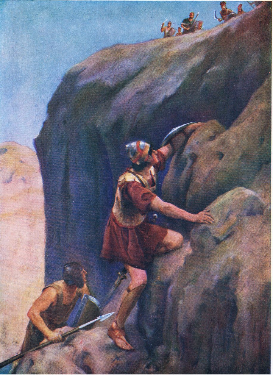 Jonathan ja hänen panssarinsa, Thomas Nelsonin julkaisemasta Raamatun kuvakirjasta, n. 1950 tekijältä William Henry Margetson