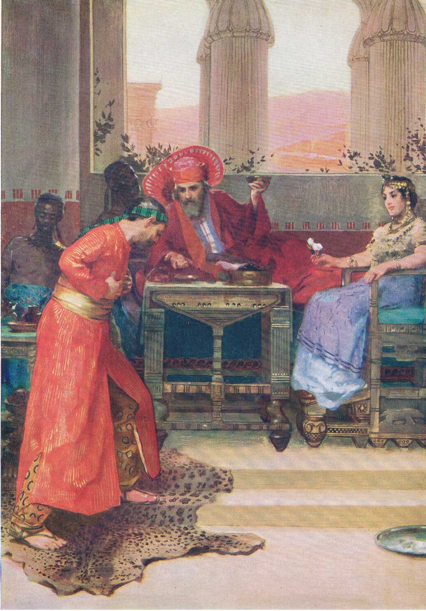 Nehemian anomus kuninkaalle, Thomas Nelsonin julkaisemasta Raamatun kuvakirjasta (The Bible Picture Book), n. 1950. tekijältä William Henry Margetson