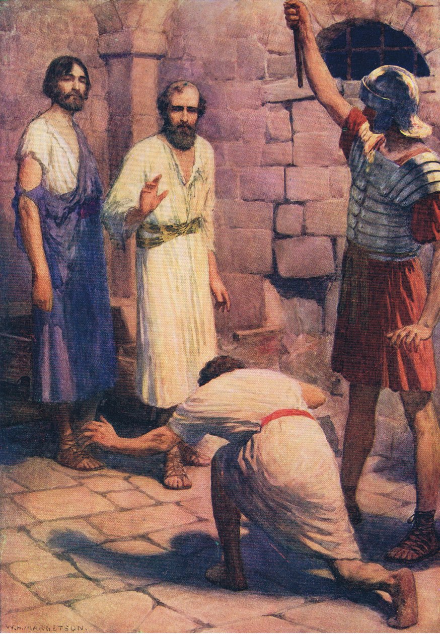 Paavali ja Silas vankilassa, Thomas Nelsonin julkaisemasta Raamatun kuvakirjasta (The Bible Picture Book), n. 1950. tekijältä William Henry Margetson