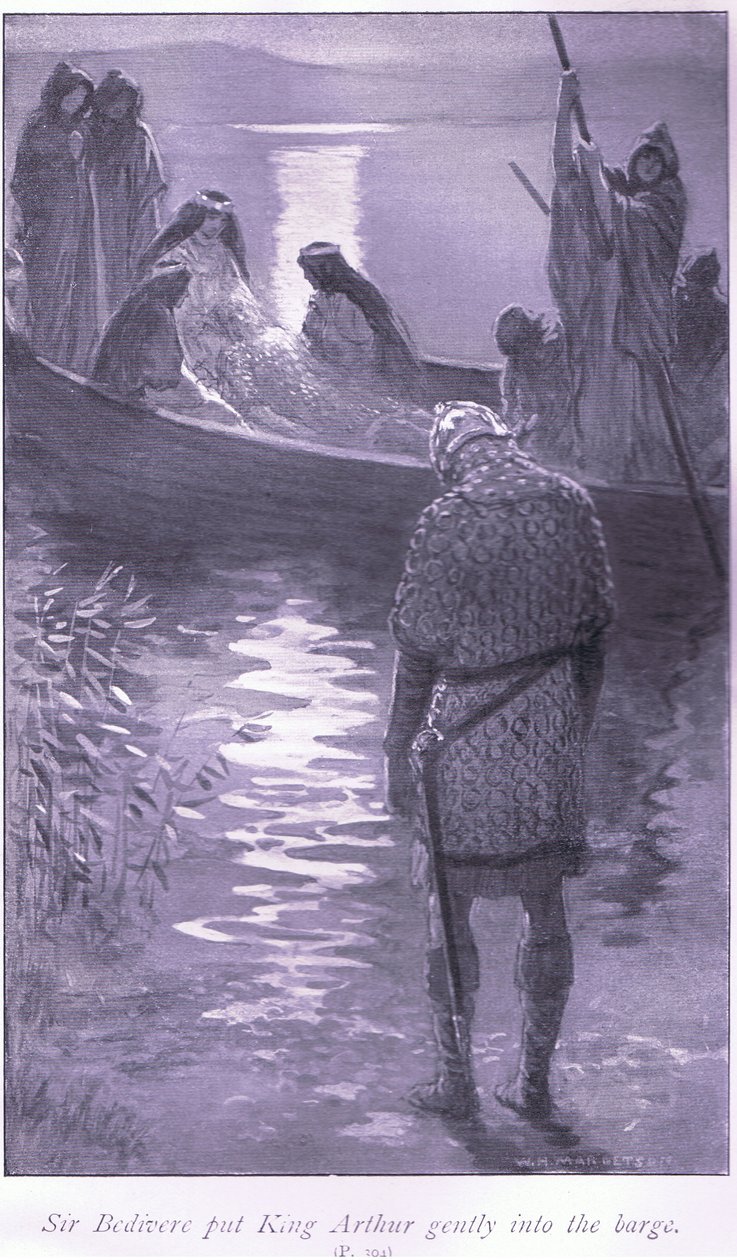 Sir Bedivere laittoi kuningas Arthurin varovasti proomulle tekijältä William Henry Margetson