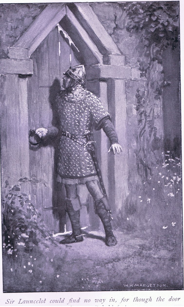 Sir Launcelot ei löytänyt tietä sisään, sillä vaikka ovi oli vanha ja kulunut, se pysyi tiukasti kiinni. tekijältä William Henry Margetson