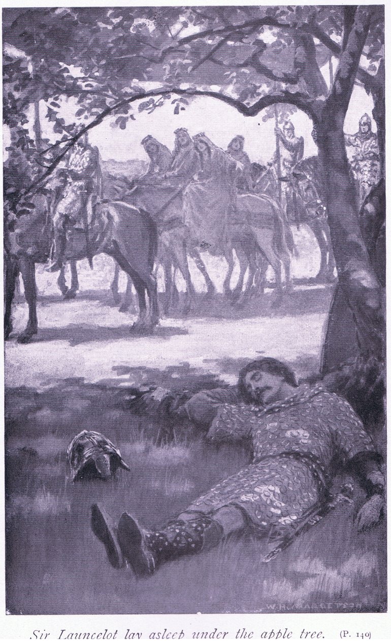 Sir Launcelot makasi omenapuun alla tekijältä William Henry Margetson