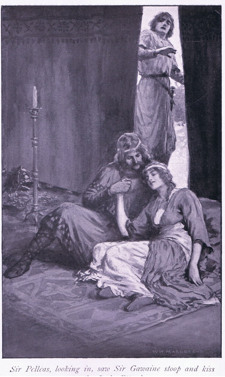 Sir Pelleas katsoi sisään ja näki Sir Gawainen kumartuvan ja suutelevan Lady Ettardia tekijältä William Henry Margetson