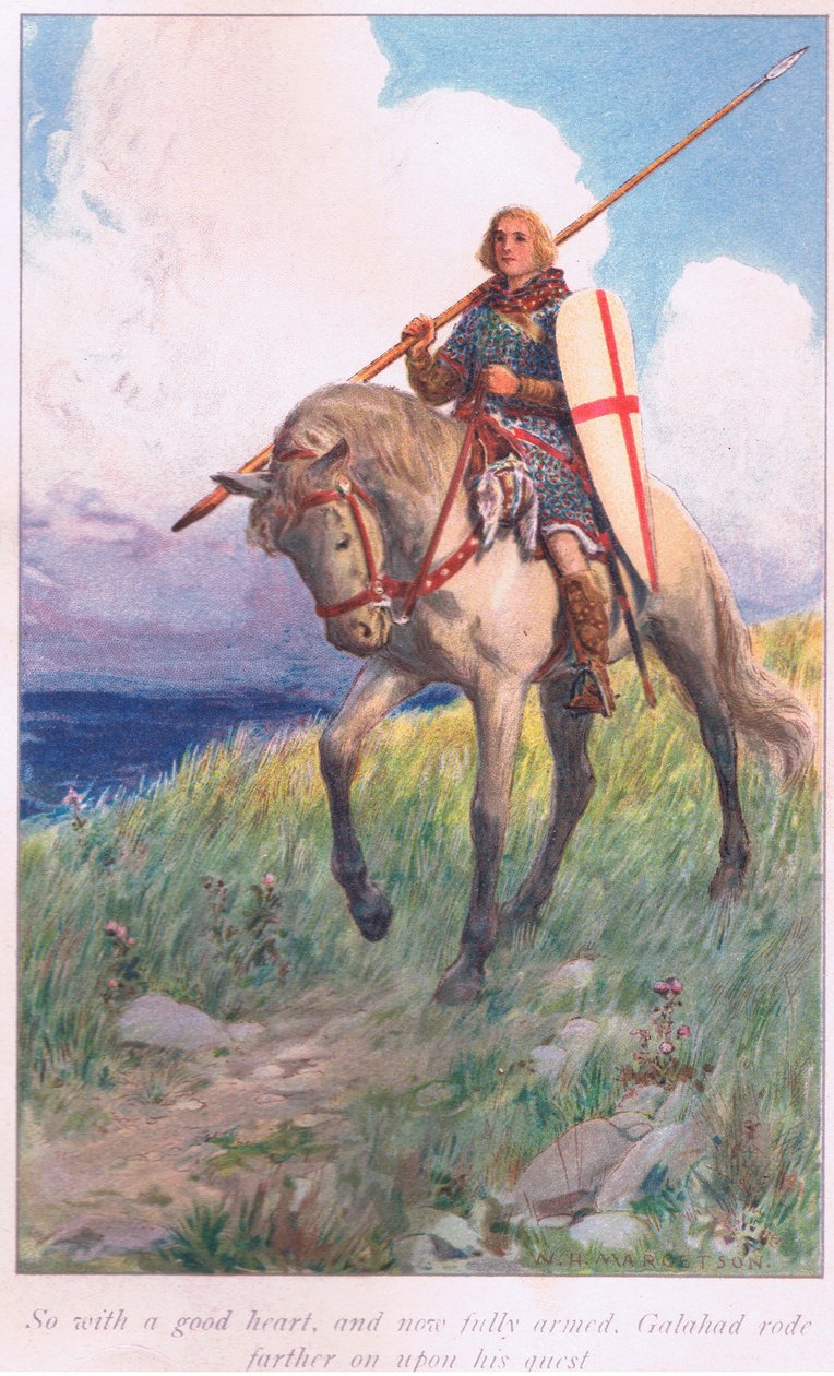 Joten hyvällä sydämellä ja täydellisemmin aseistettuna Galahad ratsasti pidemmälle etsinnässään tekijältä William Henry Margetson