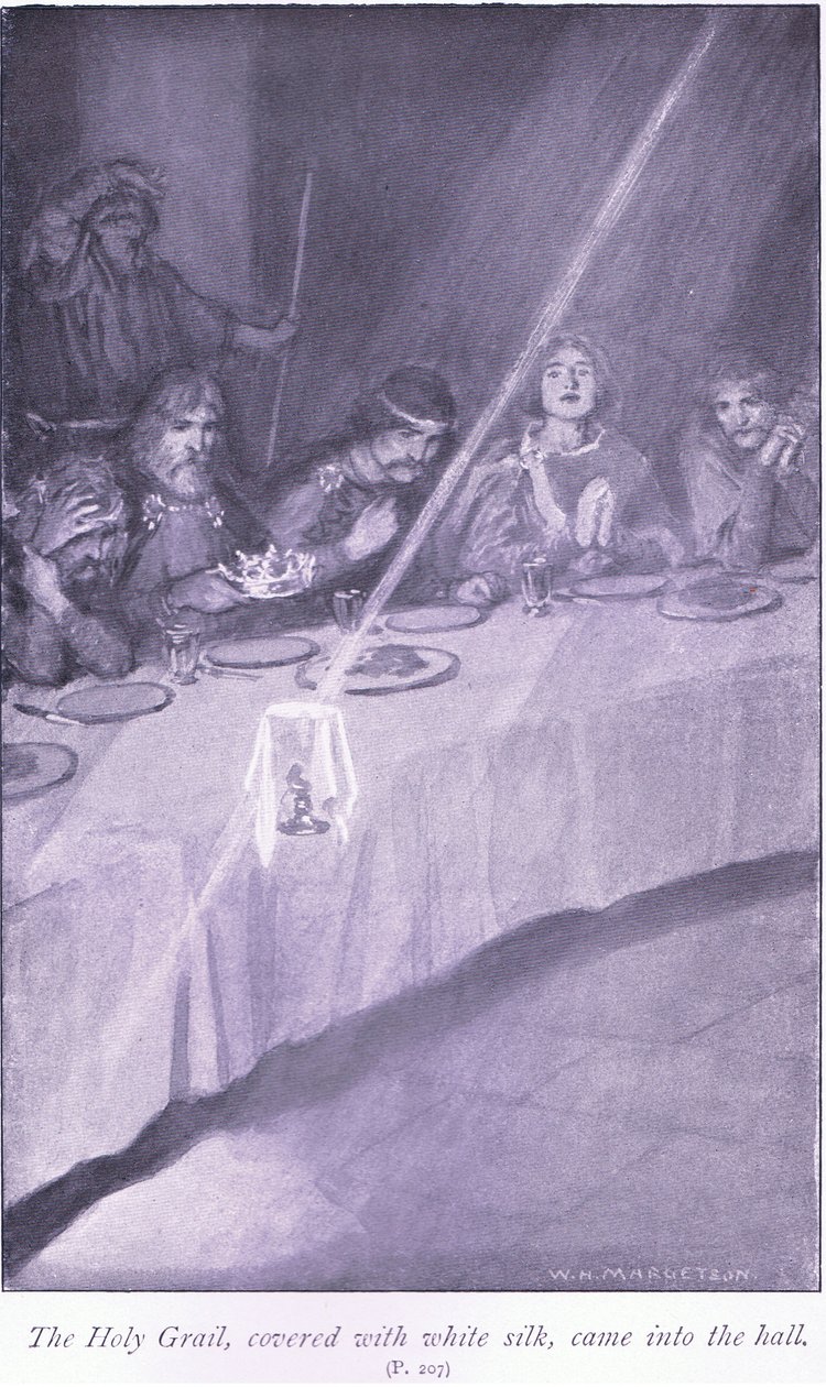 Valkoisella silkillä päällystetty Graalin malja tuli saliin tekijältä William Henry Margetson