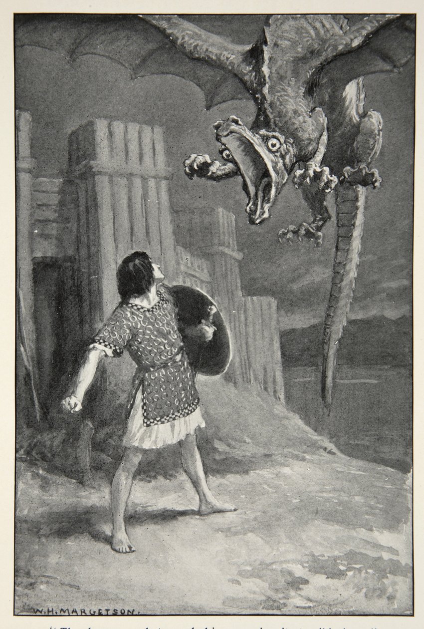 Lohikäärme upposi häntä kohti ja avasi kauhistuttavat leukansa, M.I.:n "Hero Myths and Legends of the British Race" -sarjasta. Ebbutt, 1910 tekijältä William Henry Margetson