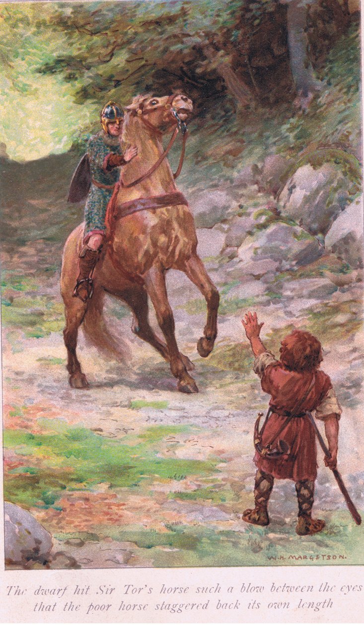 Kääpiö löi Sir Torin hevosta niin iskun silmien väliin, että hevonen hevonen horjui taaksepäin omaa pituuttaan tekijältä William Henry Margetson