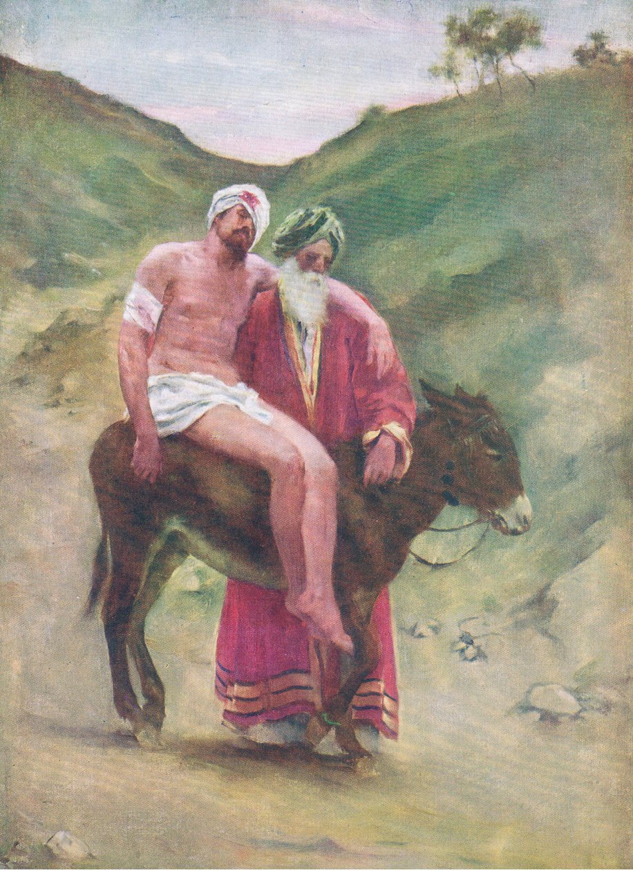 Laupias samarialainen, Thomas Nelsonin julkaisemasta Raamatun kuvakirjasta, noin 1950 tekijältä William Henry Margetson