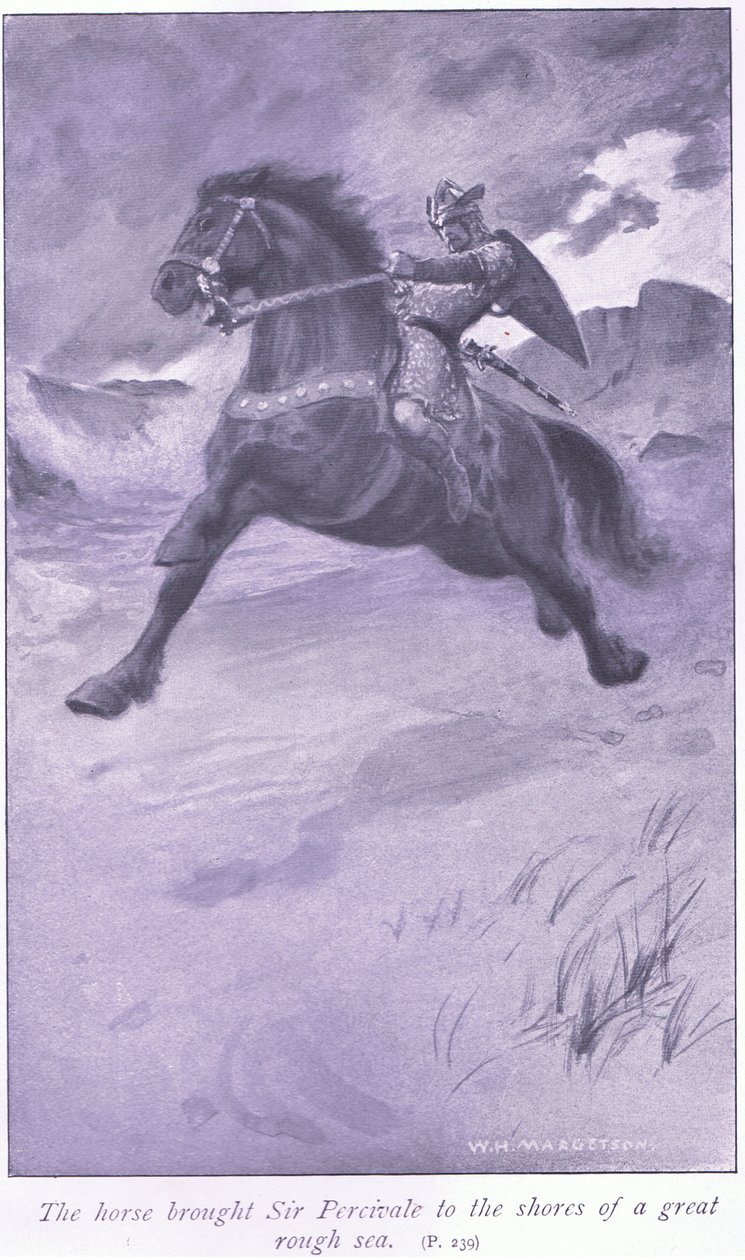 Hevonen toi Sir Percivalen suuren jyrkän meren rannoille tekijältä William Henry Margetson