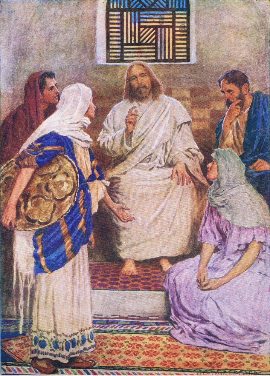 Kaksi sisarta, Thomas Nelsonin julkaisemasta Raamatun kuvakirjasta (The Bible Picture Book), n. 1950. tekijältä William Henry Margetson