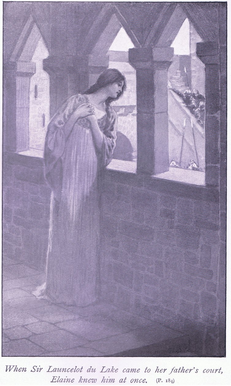 Kun Sir Launcelot du Lake tuli isänsä hoviin, Elaine tunsi hänet heti tekijältä William Henry Margetson