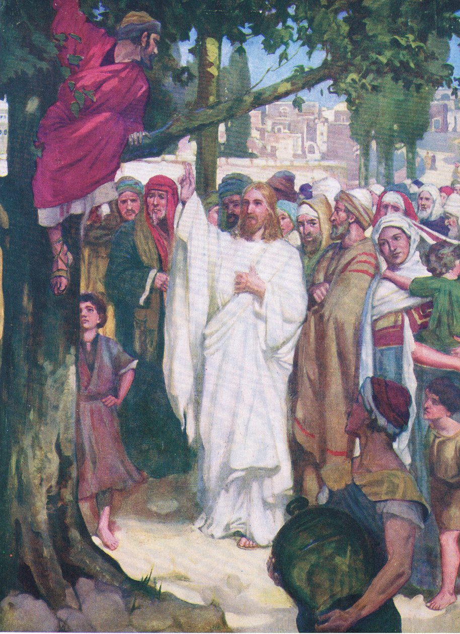 Sakkeus, Thomas Nelsonin julkaisemasta Raamatun kuvakirjasta The Bible Picture Book, n. 1950. tekijältä William Henry Margetson