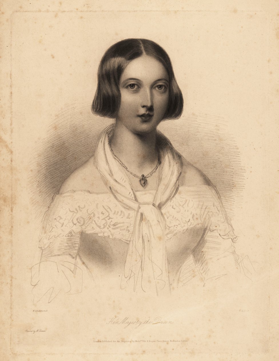 Nuori kuningatar Victoria, 20-luvun alussa. Teräspistekaiverrus William Henry Mote William Drummondin kuvituksen jälkeen Charles Heathin teoksesta English Pearls tai muotokuvat budoaarille, Tilt and Boguelle, Lontoo tekijältä William Henry Mote