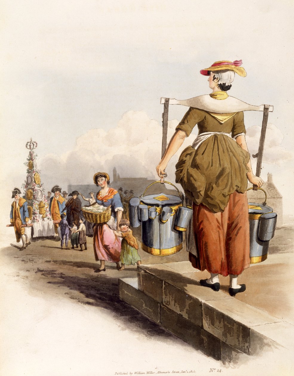 A Milkmaid, pubista The Costumes of Great Britain. Henry Miller, 1805 (käsinvärinen printti) tekijältä William Henry Pyne