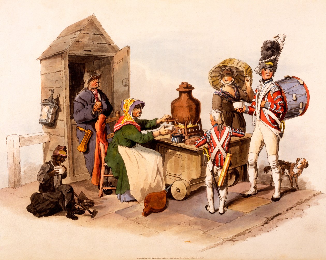 Sallop-myyjä, joka tarjoilee lämmitettyjä kuumia juomia, teoksesta The Costumes of Great Britain, 1808 tekijältä William Henry Pyne