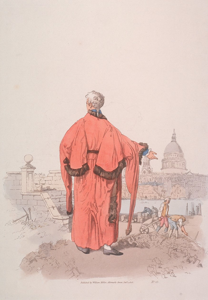 Alderman kansalaisasussa katselee kohti Pyhän Paavalin katedraalia, Lontoo, 1805 tekijältä William Henry Pyne