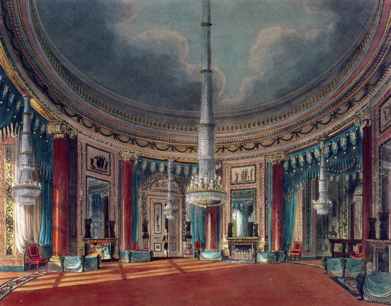 Carlton House, The Circular Room, Pynes Royal Residences, julkaistu 1818 tekijältä William Henry Pyne